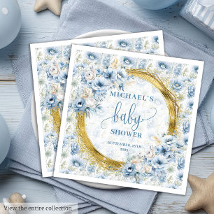 Serviette En Papier Baby shower classique boho pastel bleu fleurs or