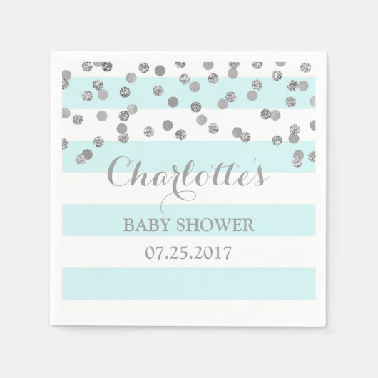 Serviette En Papier Baby shower Confetti Silver Stripes Bleu Clair (Devant)