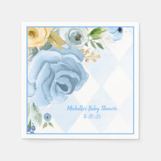 Serviette En Papier Baby shower d'aquarelle bleu or Floral