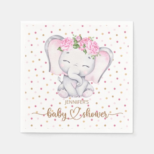 Serviette En Papier Baby shower d'aquarelle de fille Eléphant (Devant)