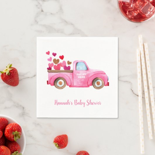 Serviette En Papier Baby shower d'aquarelle Retro Pink Truck (En situation)