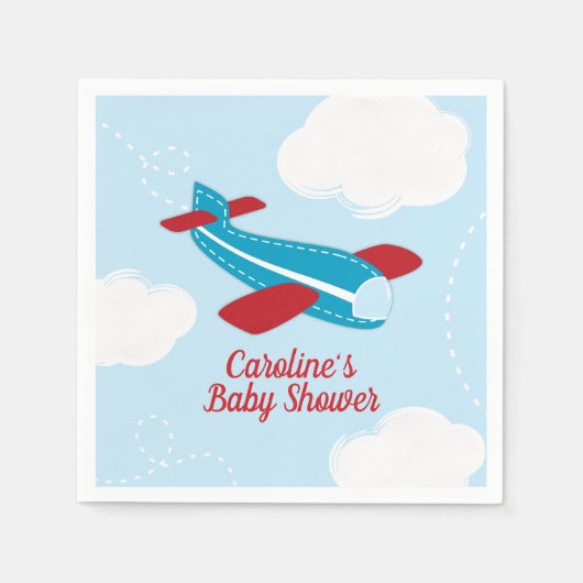 Serviette En Papier Baby shower d'avion rétro en rouge et bleu (Devant)