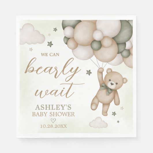 Serviette En Papier Baby shower de ballon d'ours vert (Devant)