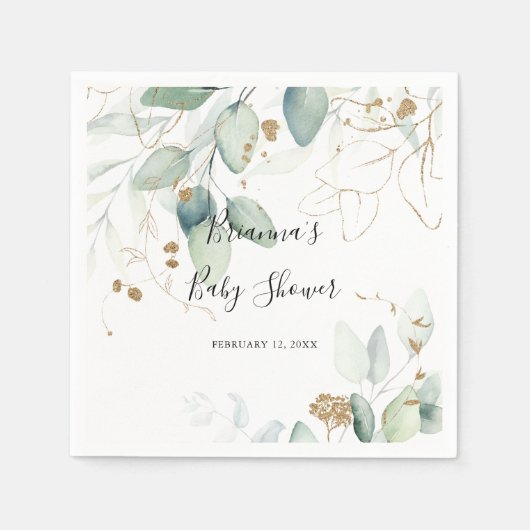 Serviette En Papier Baby shower de calligraphie or Eucalyptus serviett (Devant)