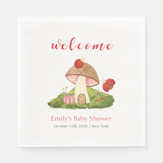 Serviette En Papier Baby shower de champignons Woodland Ladybug Bienve (Devant)