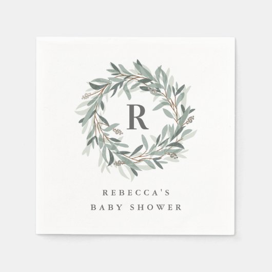 Serviette En Papier Baby shower de couronne de verdure Monogramme (Devant)