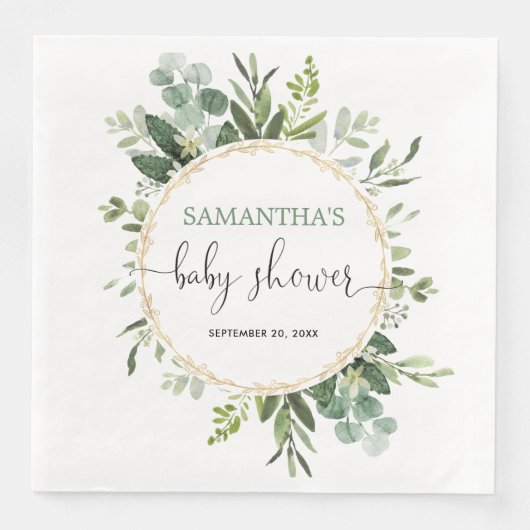 Serviette En Papier Baby shower de couronne d'eucalyptus en or vert (Devant)