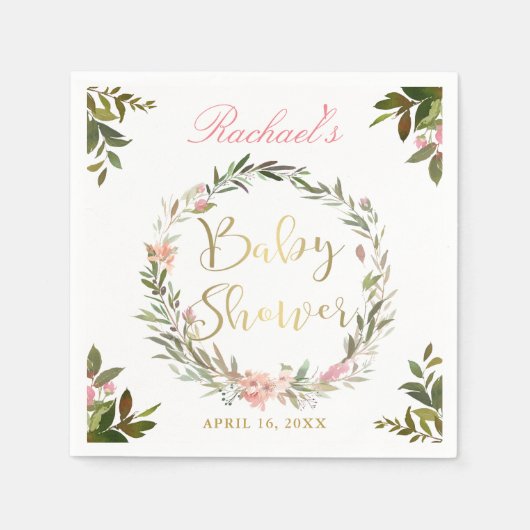 Serviette En Papier Baby shower de couronne fleurie Gold Script (Devant)