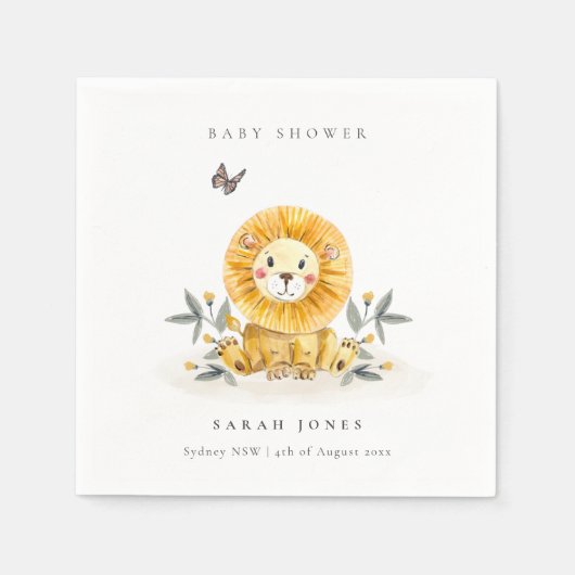 Serviette En Papier Baby shower de feuillage de Lion d'aquarelle bois (Devant)