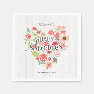 Serviette En Papier Baby shower de fille au coeur rose et bois blanc
