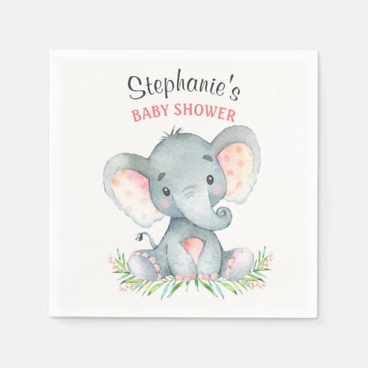 Serviette En Papier Baby shower de fille Eléphant Aquarelle (Devant)