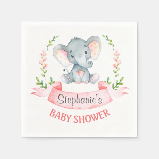 Serviette En Papier Baby shower de fille Eléphant Aquarelle (Devant)