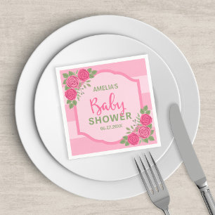 Serviette En Papier Baby shower de filles Roses et rayures roses