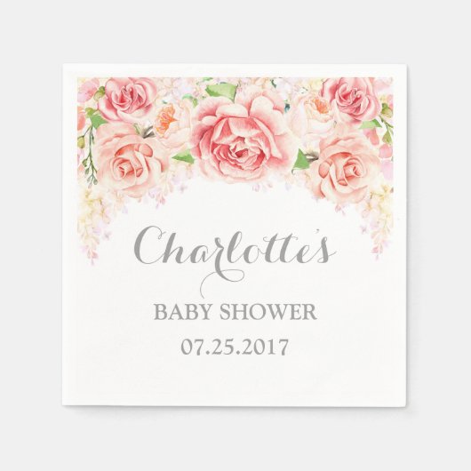 Serviette En Papier Baby shower de fleurs d'aquarelle rose (Devant)