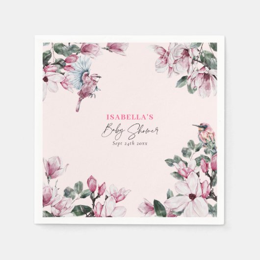 Serviette En Papier Baby shower de fleurs et d'oiseaux rose de printem (Devant)