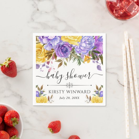 Serviette En Papier Baby shower de fleurs violettes et jaunes (En situation)