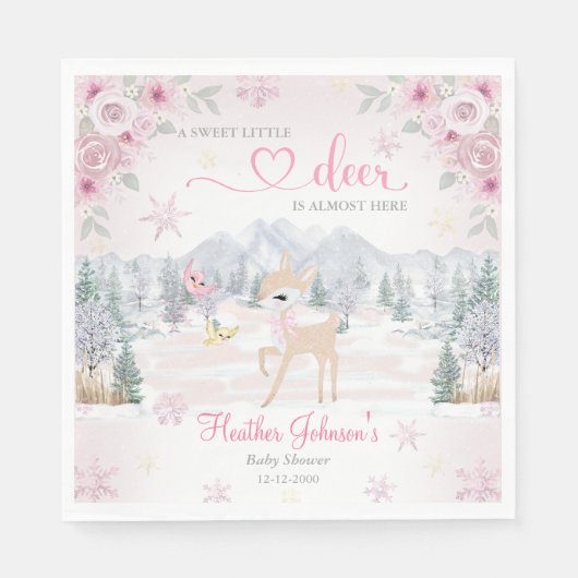 Serviette En Papier Baby shower de flocon rose cerf d'hiver (Devant)