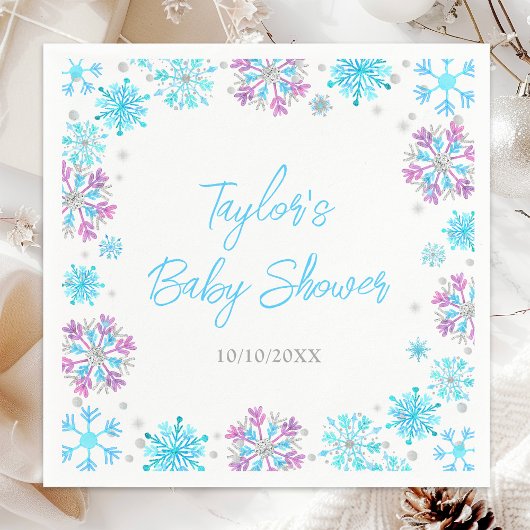 Serviette En Papier Baby shower de flocons de neige violet et bleu