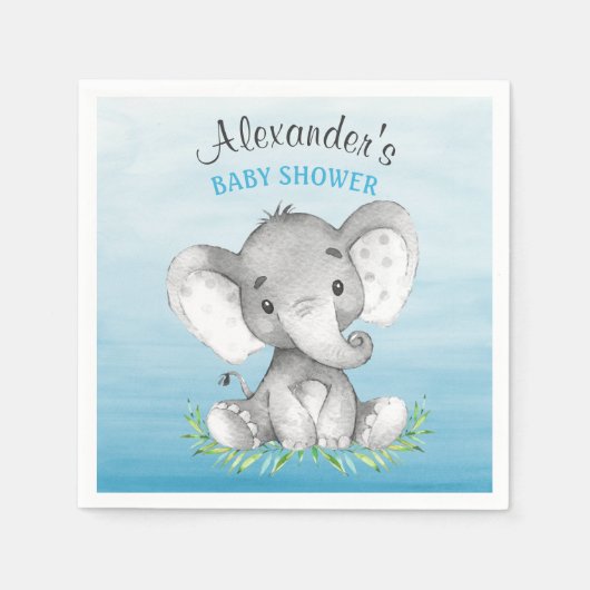 Serviette En Papier Baby shower de garçon Elephant aquarelle (Devant)
