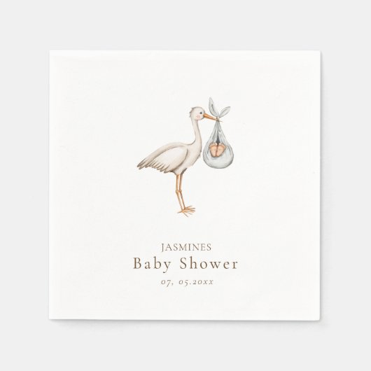 Serviette En Papier Baby shower de la cigogne d'aquarelle minimale (Devant)