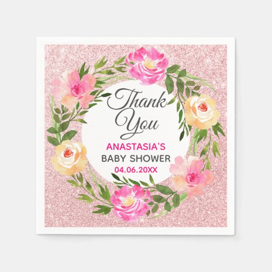 Serviette En Papier Baby shower de Merci rose de rose or (Devant)