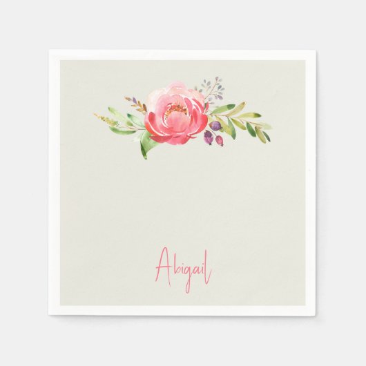 Serviette En Papier Baby shower de nom de script floral rose (Devant)