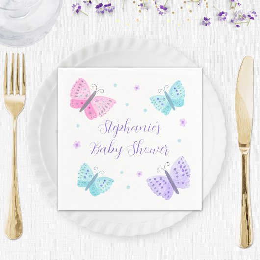 Serviette En Papier Baby shower de papillons d'eau rose violet