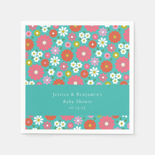 Serviette En Papier Baby shower de printemps Turquoise rose rétro (Devant)