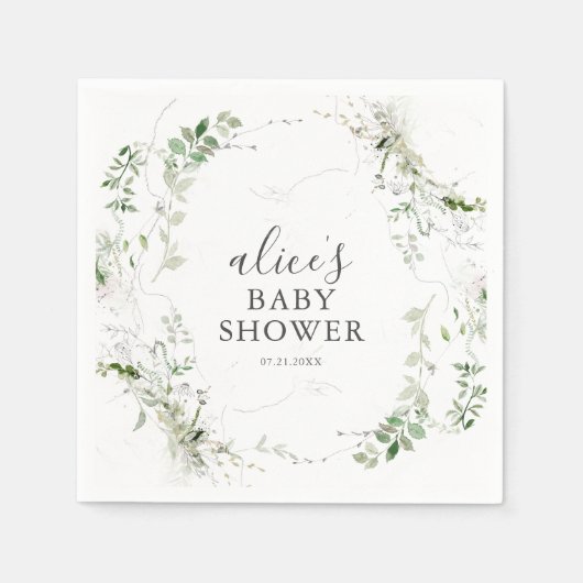 Serviette En Papier Baby shower de script botanique verdoyant (Devant)