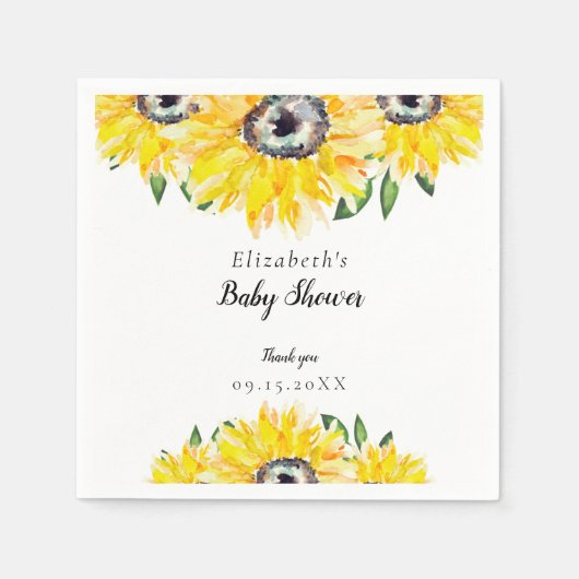Serviette En Papier Baby shower de tournesol Script Aquarelle Élégante (Devant)