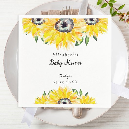 Serviette En Papier Baby shower de tournesol Script Aquarelle Élégante