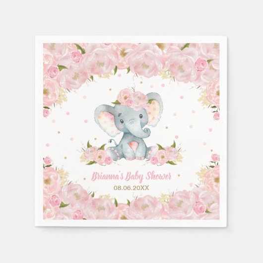 Serviette En Papier Baby shower d'éléphant floral rose vif (Devant)