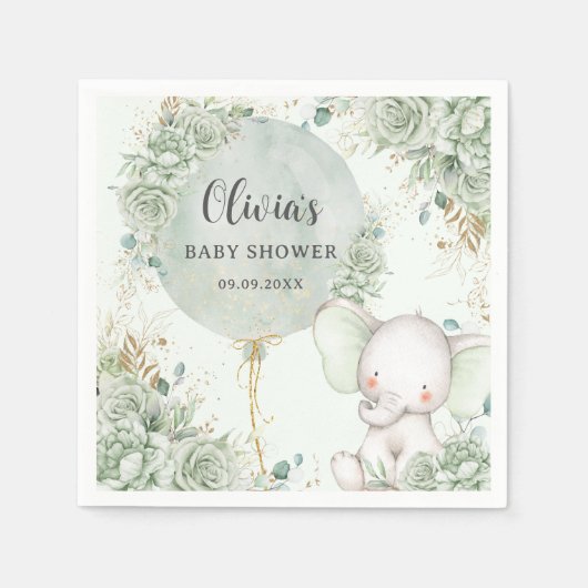 Serviette En Papier Baby shower d'éléphant floral vert Sage (Devant)