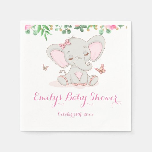 Serviette En Papier Baby shower d'éléphant rose floral (Devant)