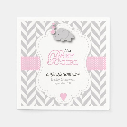 Serviette En Papier Baby shower d'éléphant rose, gris blanc (Devant)