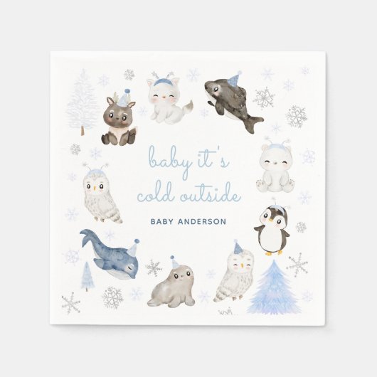 Serviette En Papier Baby shower des animaux de neige d'hiver (Devant)