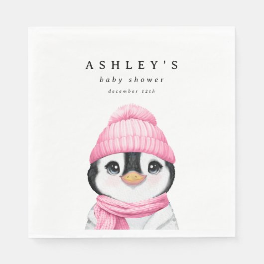 Serviette En Papier Baby shower d'hiver Pingouin Rose (Devant)