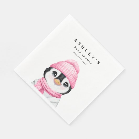 Serviette En Papier Baby shower d'hiver Pingouin Rose (Coin)