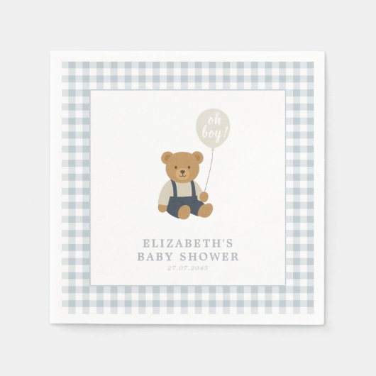 Serviette En Papier Baby shower d'ours en peluche bleu clair En vichy (Devant)