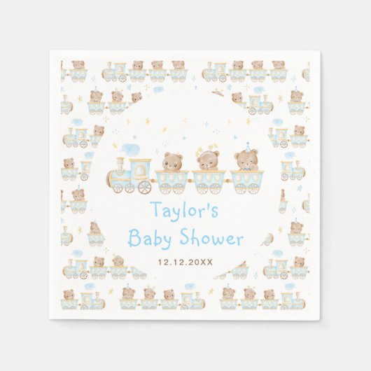 Serviette En Papier Baby shower du train Bear Blue (Devant)