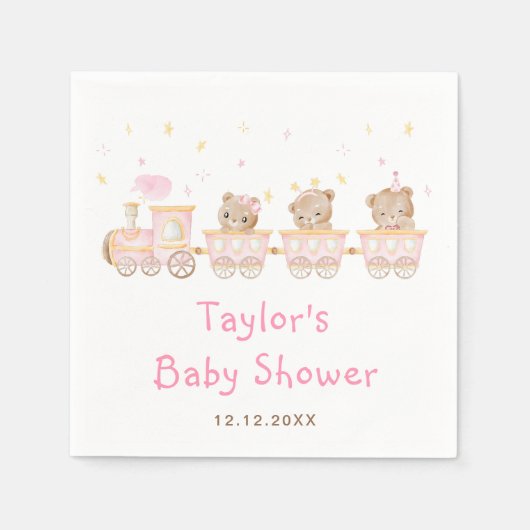 Serviette En Papier Baby shower du train Bear Pink (Devant)
