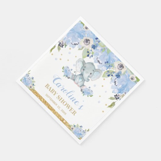 Serviette En Papier Baby shower Eléphant Bleu Floral (Coin)