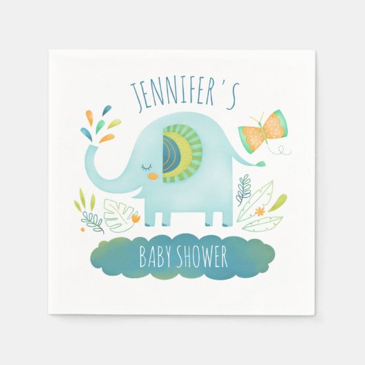 Serviette En Papier Baby shower Eléphant bleu mignon personnalisé (Devant)