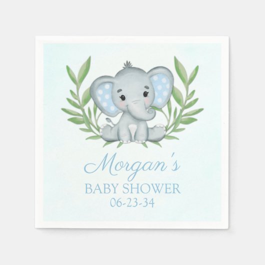 Serviette En Papier Baby shower éléphant bleu vert garçon (Devant)