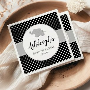 Serviette En Papier Baby Shower Éléphant Mignon Points Noir et Blanc