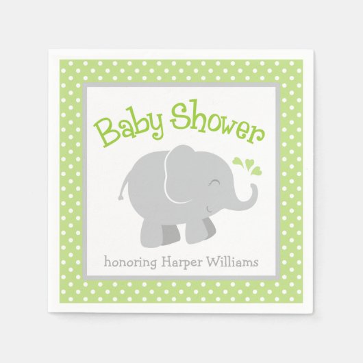 Serviette En Papier Baby shower éléphant moderne vert et gris (Devant)