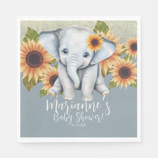 Serviette En Papier Baby shower éléphant Tournesol Parties scintillant (Devant)