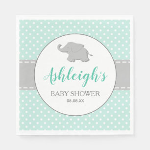 Serviette En Papier Baby Shower éléphant vert menthe gris à pois