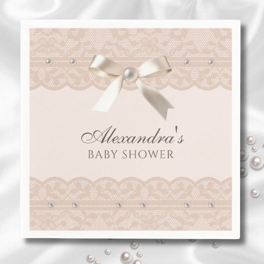 Serviette En Papier Baby shower en dentelle Satin Bow Rose Pearls