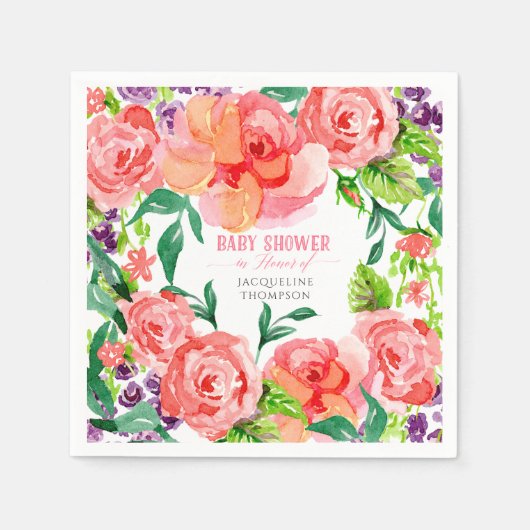 Serviette En Papier Baby shower Fille Aquarelle Fleurs modernes Rose (Devant)